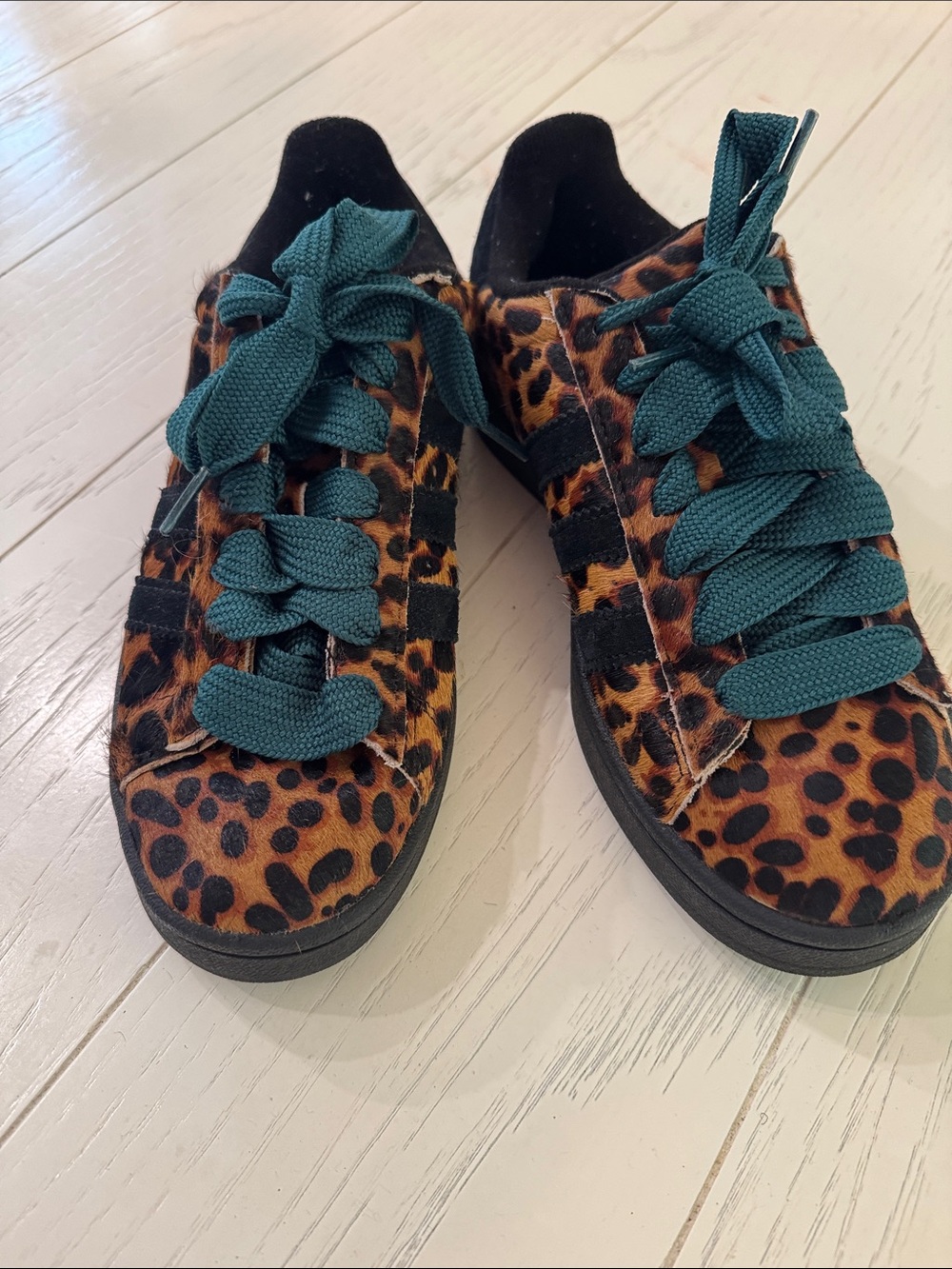 adidas Leopard Print Sneakers with Teal Laces and Black Accents - Picture 2 of 6